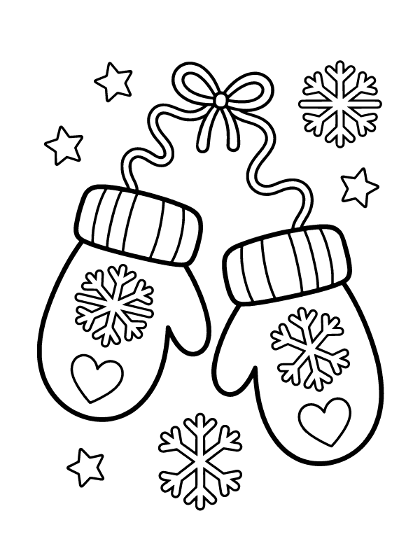 Black and white coloring page of two knitted mittens with snowflakes and hearts on a string with stars.