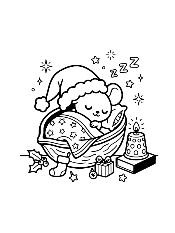 A cute mouse wearing a Santa hat sleeping in a walnut shell bed with a candle and a gift box.