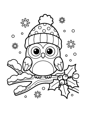 A cartoon owl wearing a knitted hat sitting on a snowy branch with holly berries and snowflakes.