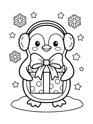 A cute cartoon penguin wearing earmuffs and holding a gift box with a large bow, surrounded by snowflakes and stars.
