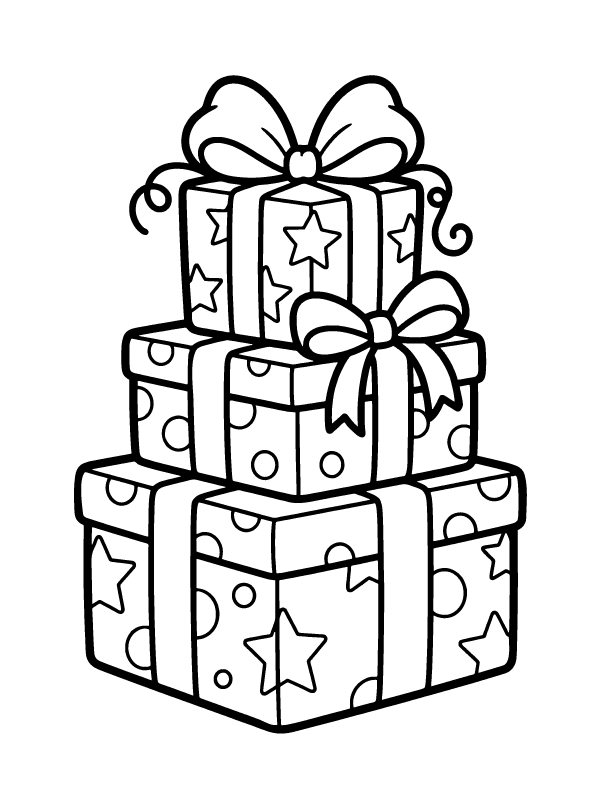 A stack of three wrapped gift boxes with bows, stars, and polka dots for coloring.