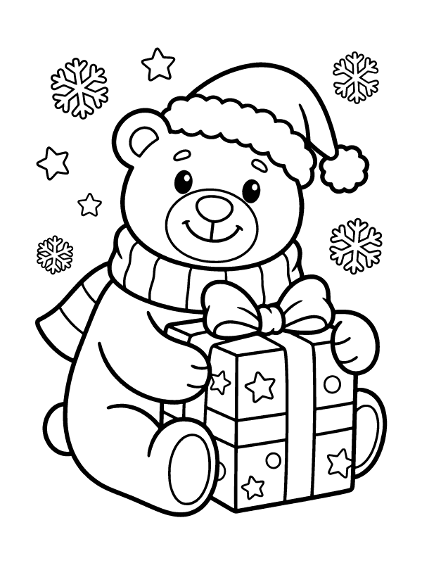 A cute teddy bear wearing a Santa hat and scarf while hugging a wrapped gift box with stars.