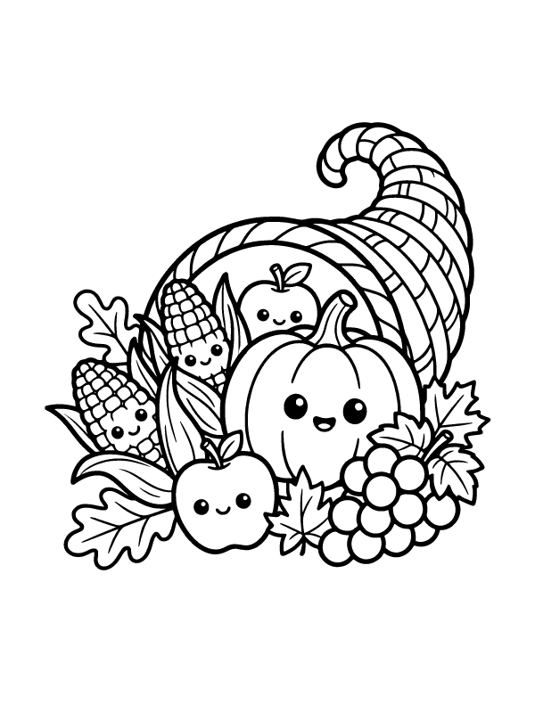 A black and white coloring page of a cornucopia filled with a pumpkin, grapes, apples, and corn.