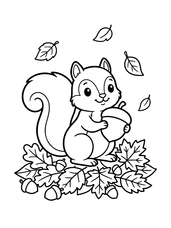 A cute cartoon squirrel holding an acorn sitting on a pile of autumn leaves with thick black outlines.