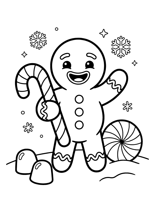 A smiling gingerbread man holding a candy cane with a peppermint and gumdrops in a snowy scene.