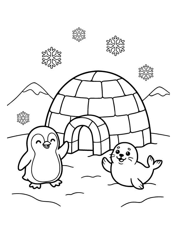 A coloring page of a penguin and a seal waving in front of a large igloo with snowflakes in the background.