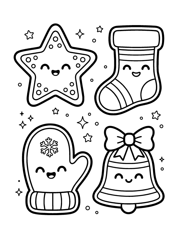 Coloring page of four cute holiday shapes: a star, a stocking, a mitten, and a bell with happy faces.