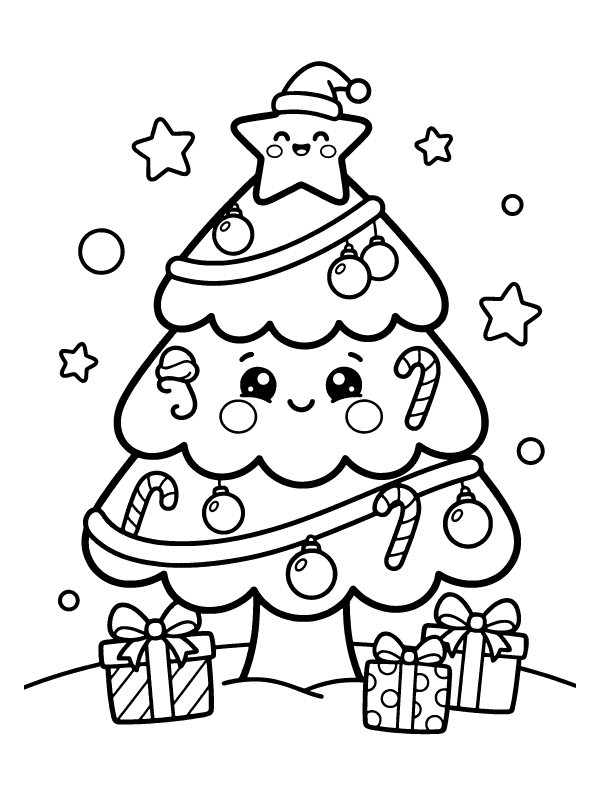 A cute kawaii christmas tree with a happy face, rosy cheeks, a star hat, and presents at its base.