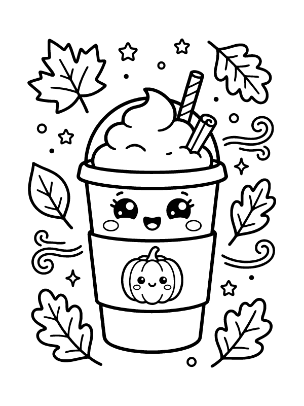 A cute cartoon latte cup with a happy face surrounded by falling autumn leaves.