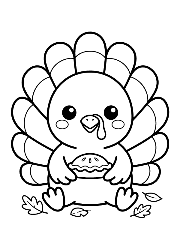 A cute cartoon turkey with rosy cheeks holding a small pie, surrounded by autumn leaves.