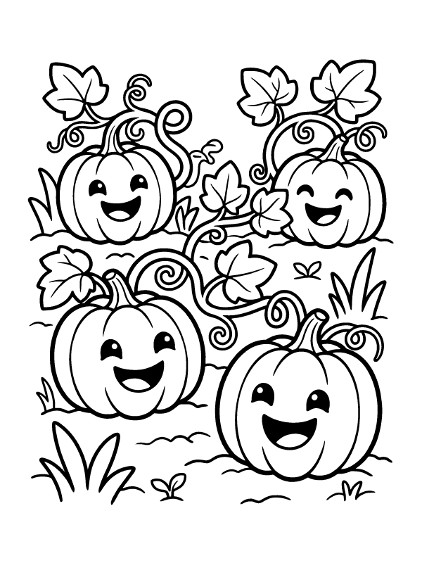 Four smiling cartoon pumpkins with happy faces on curly vines in a garden field.