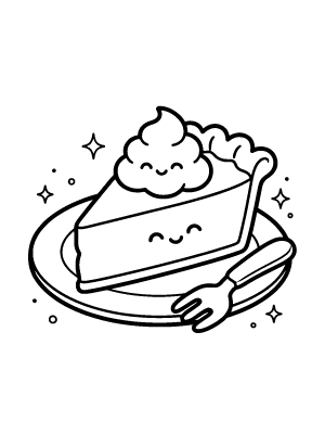 A simple cartoon slice of pumpkin pie with a dollop of whipped cream and a fork, drawn with thick black outlines.
