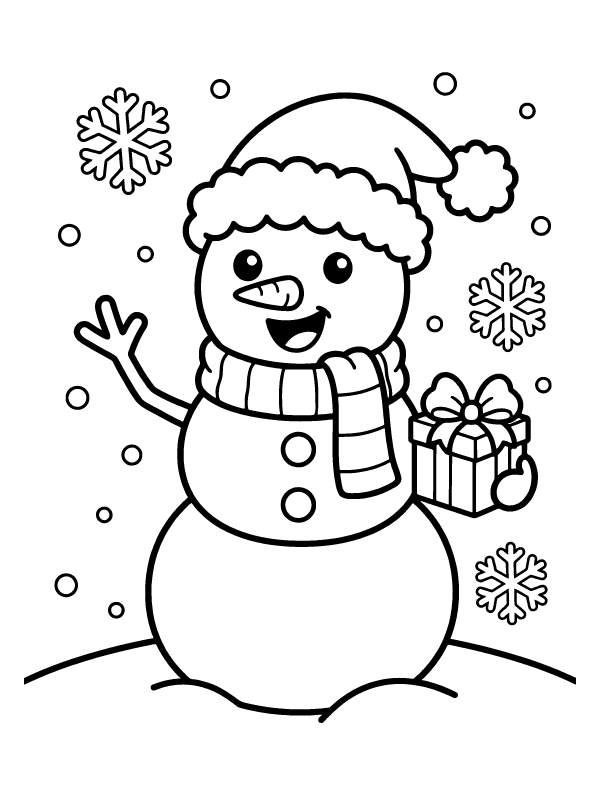 A happy cartoon snowman wearing a Santa hat and striped scarf, holding a gift box with snowflakes in the background.