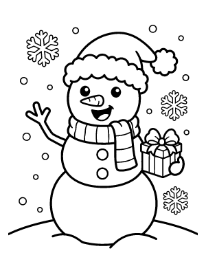A happy cartoon snowman wearing a Santa hat and striped scarf, holding a gift box with snowflakes in the background.