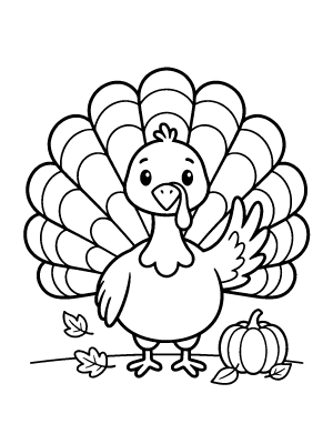 A cute cartoon thanksgiving turkey waving its wing next to a small pumpkin and autumn leaves.
