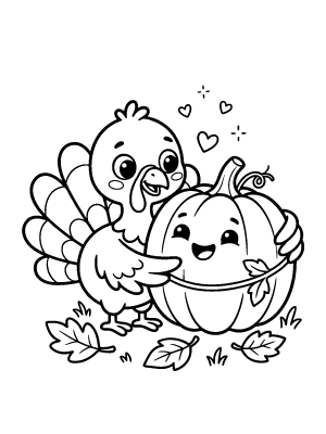 A simple black and white line art drawing of a cartoon turkey and a smiling pumpkin hugging.