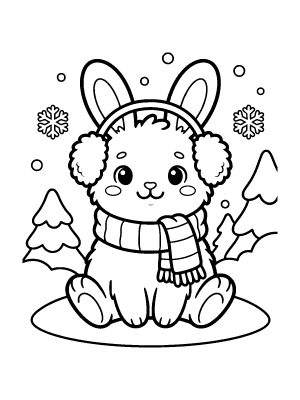A simple cartoon bunny wearing earmuffs sitting in the snow, drawn with thick black outlines for kids.