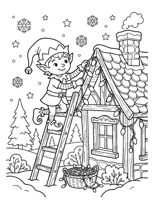 A line art coloring page of a small elf standing on a ladder to hang string lights on a cottage roof.