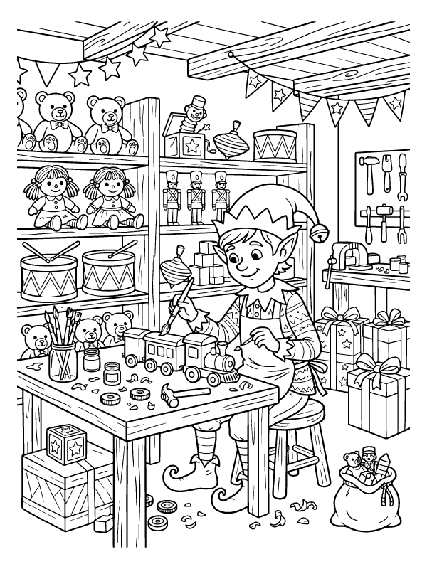 A line art coloring page of an elf painting a toy train in a workshop filled with dolls, bears, and drums.