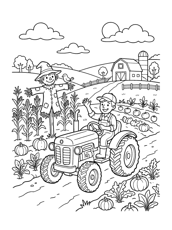 A line drawing of a farmer waving while driving a tractor through a pumpkin patch with a scarecrow.