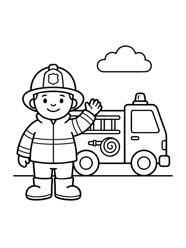 A cartoon firefighter in a helmet and jacket waving in front of a fire truck with a cloud in the sky.