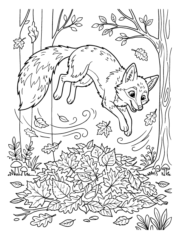 A black and white line art drawing of a fox leaping over a large pile of fallen autumn leaves in a forest.