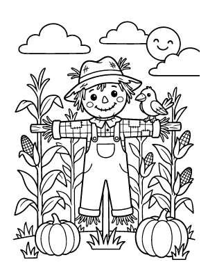 A cartoon friendly scarecrow wearing a straw hat and overalls standing in a cornfield with pumpkins and a bird.