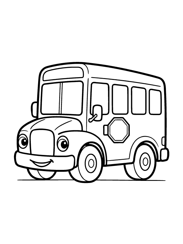 A black and white line drawing of a cartoon school bus with a smiling face and large eyes.