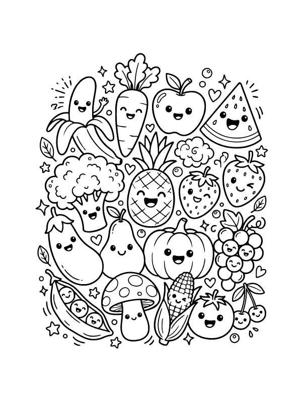 A collection of cute cartoon fruits and vegetables with happy faces, including a banana, pineapple, and pumpkin.