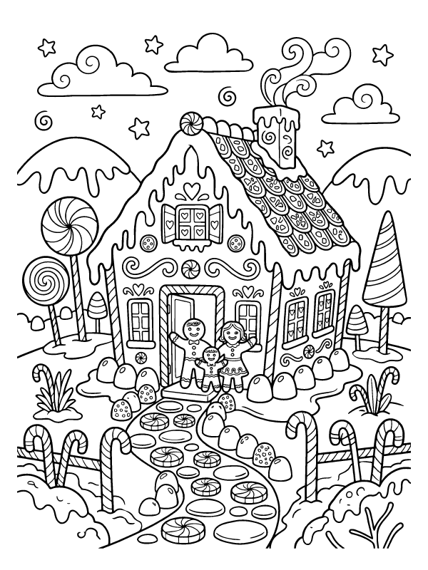 A gingerbread house with a candy roof, lollipop trees, and a family standing in the doorway.