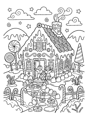 A gingerbread house with a candy roof, lollipop trees, and a family standing in the doorway.