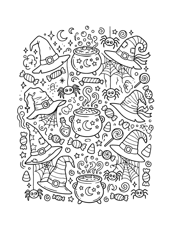 A black and white coloring page featuring spiders, witch hats, bubbling cauldrons, candy, and spider webs.
