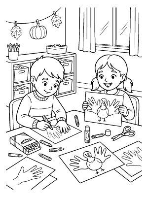 A boy and girl at a table making handprint turkey crafts with crayons and paper in a room with fall decorations.