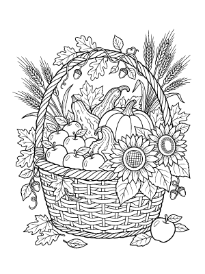 Line art of a woven basket filled with apples, a pumpkin, sunflowers, gourds, and stalks of wheat.