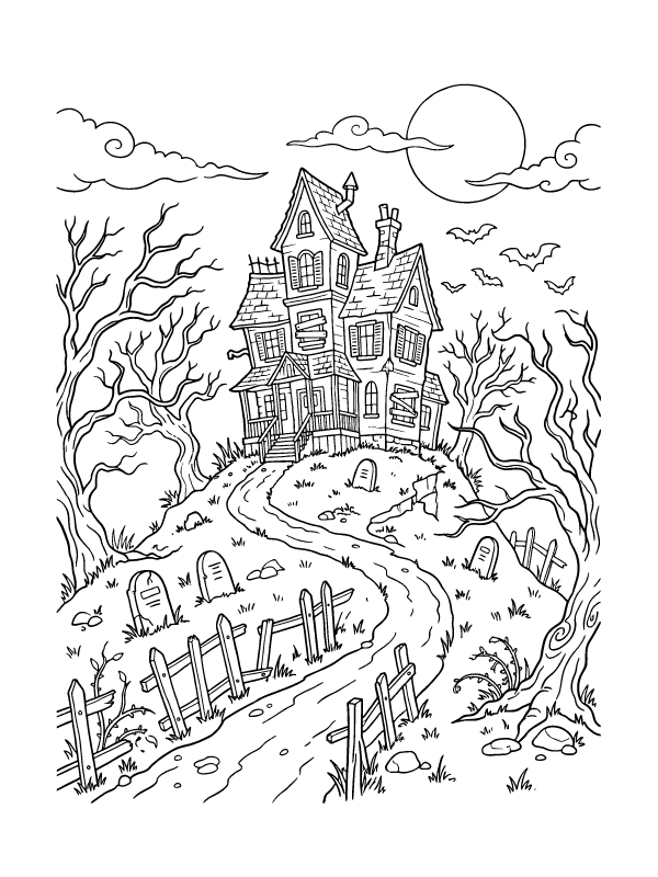 Line art of a crooked haunted house on a hill with a graveyard, leafless trees, and bats under a full moon.
