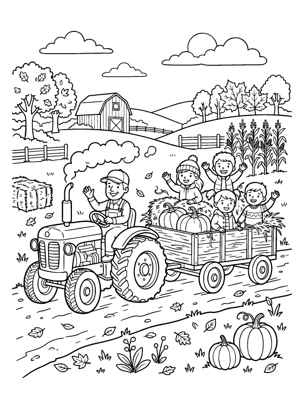 A tractor pulling a wagon filled with hay and pumpkins with children sitting on it in a farm setting.