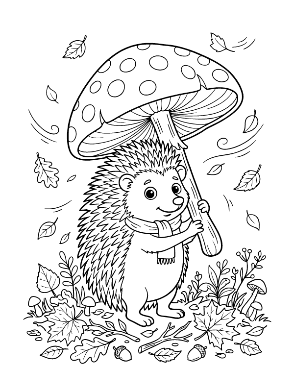 A line art drawing of a hedgehog wearing a scarf and holding a large mushroom as an umbrella in a forest.