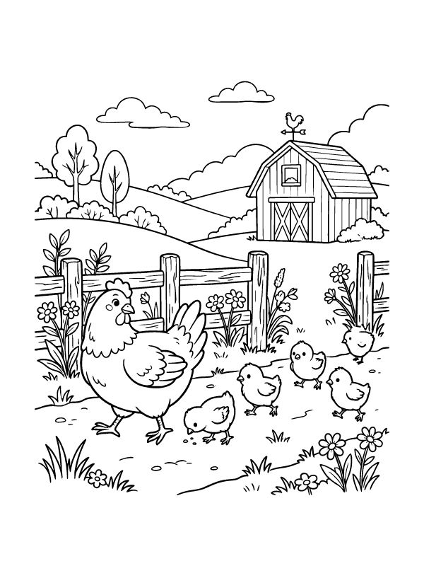 A large hen and four small chicks walking in a farmyard with a barn, fence, and flowers.