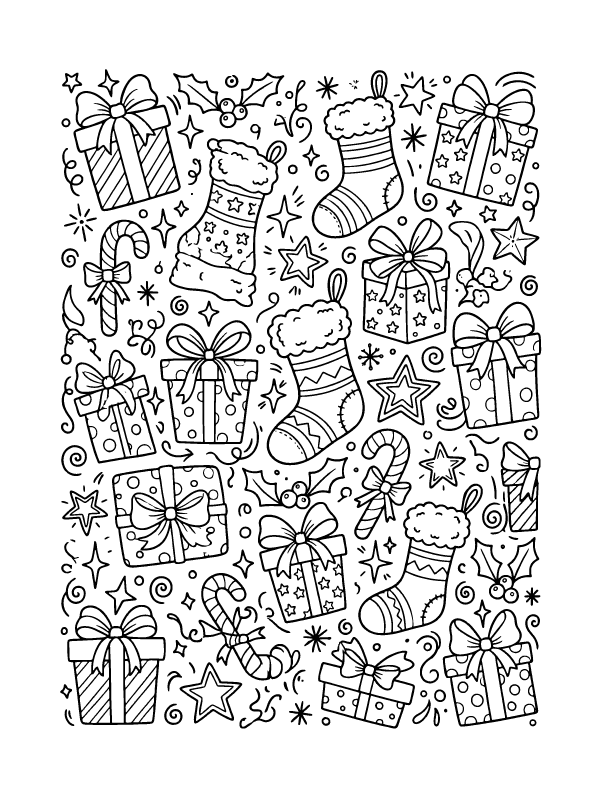 A black and white coloring page featuring a pattern of holiday gift boxes, stockings, candy canes, and stars.