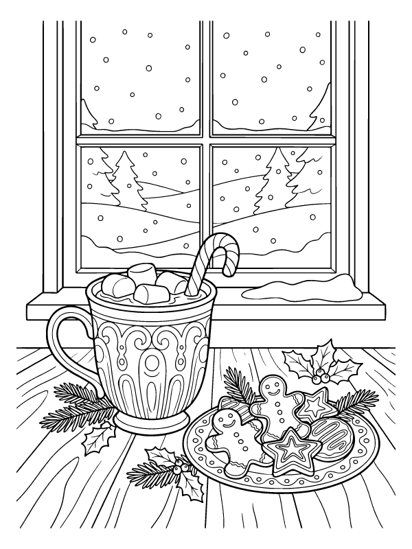 Line art of a mug of hot cocoa with marshmallows and a candy cane next to a plate of cookies by a snowy window.