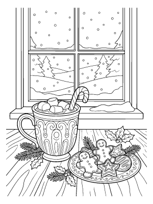 Line art of a mug of hot cocoa with marshmallows and a candy cane next to a plate of cookies by a snowy window.