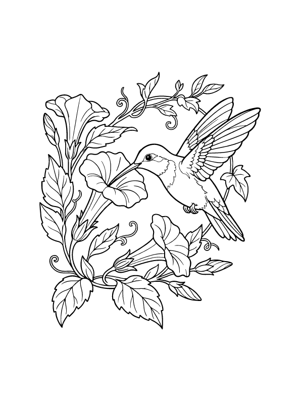 Line art of a hummingbird with spread wings sipping nectar from a large trumpet-shaped flower.