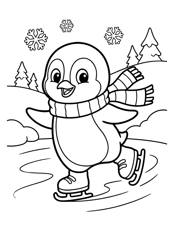 A cute cartoon penguin wearing a striped scarf and ice skates, skating on ice with snowflakes and trees.