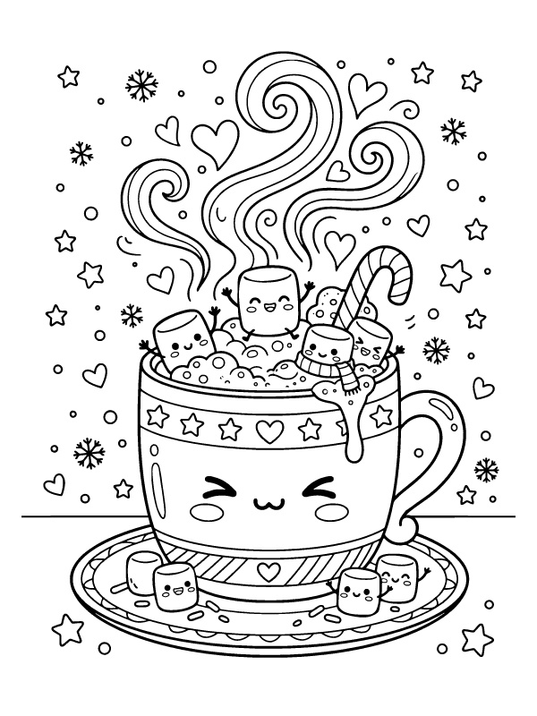 Black and white line art of a smiling mug of hot chocolate with marshmallow characters and steam swirls.