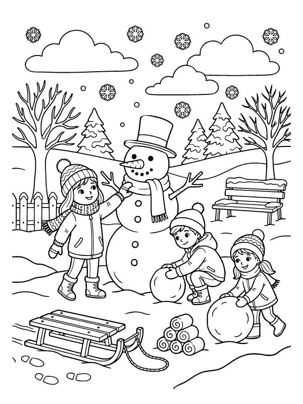 Line art of three children building a snowman in a winter park with a sled and snowballs.