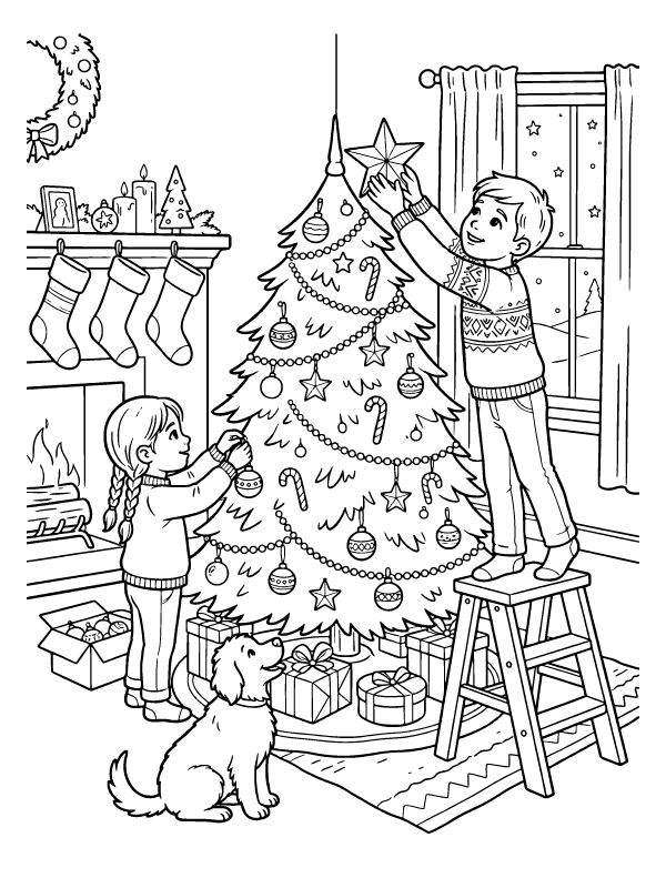 Black and white coloring page of two children decorating a Christmas tree with a dog watching nearby.
