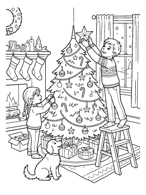 Black and white coloring page of two children decorating a Christmas tree with a dog watching nearby.