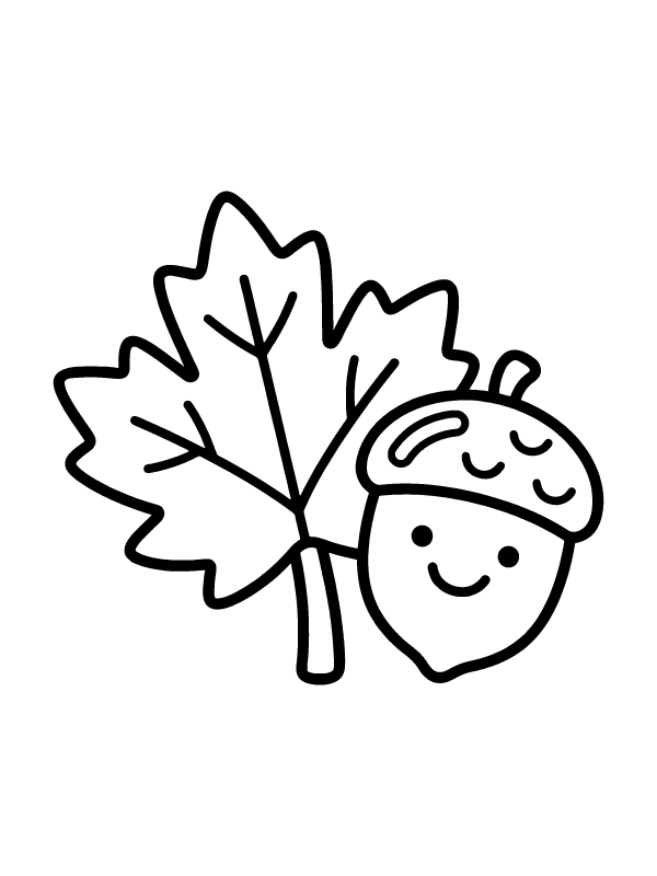 A black and white line drawing of a large maple leaf and a small acorn with a smiling face.