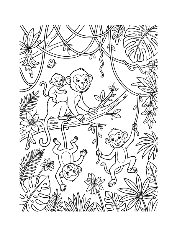 Four monkeys in a jungle setting with vines, large leaves, and flowers.
