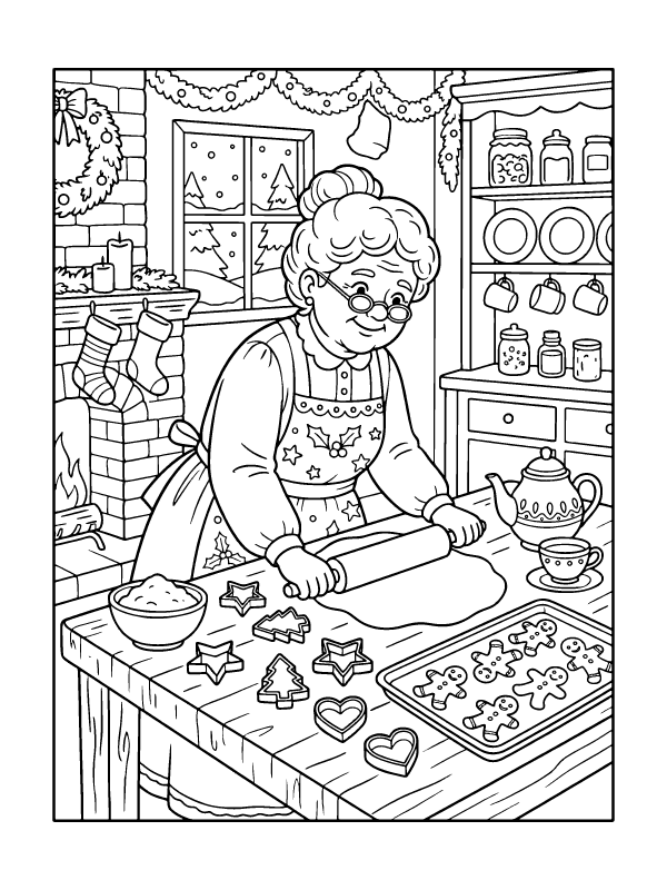 Line art of a woman in an apron rolling out cookie dough in a kitchen with a tray of gingerbread men.